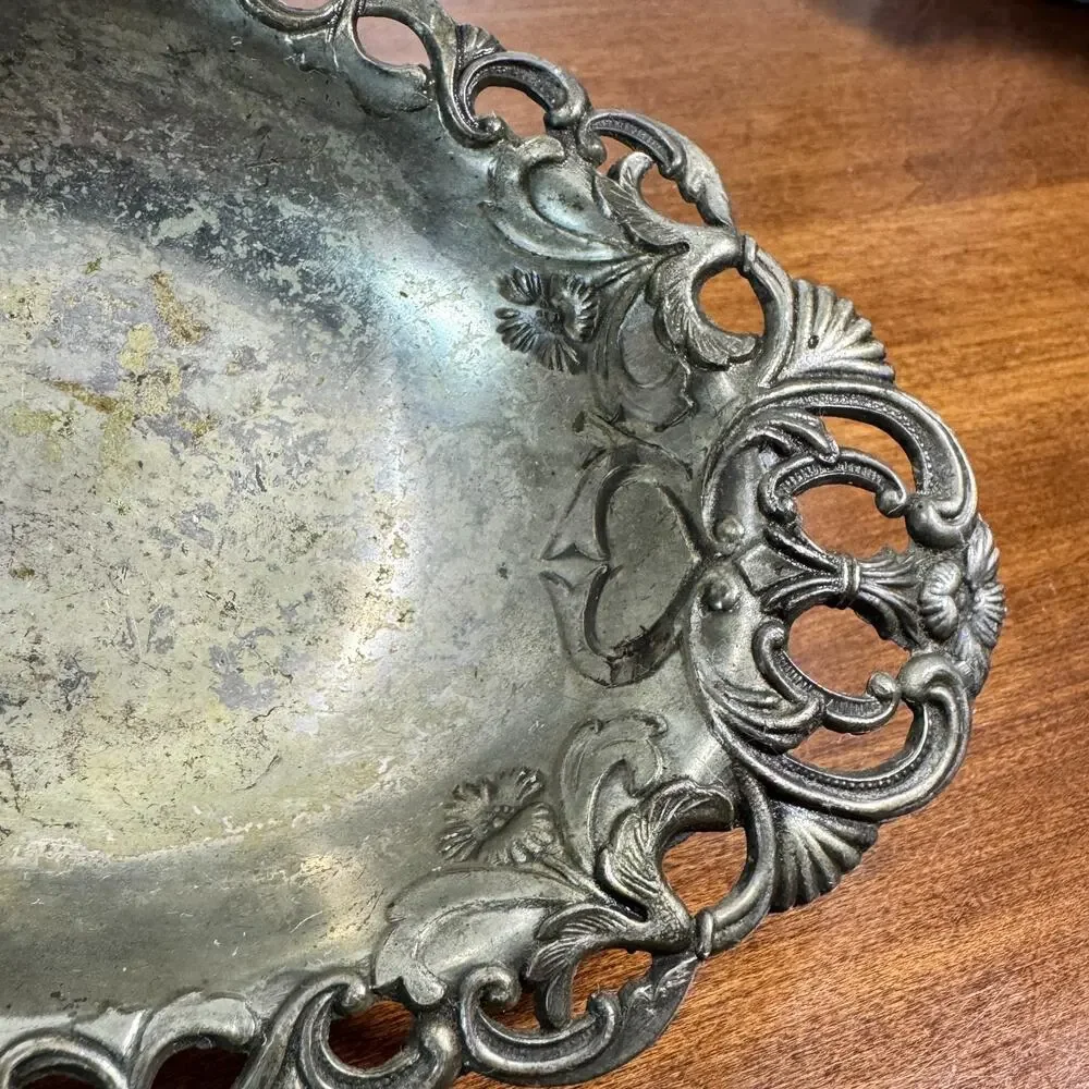 Antique Art Nouveau Silverplate Pierced Bon Bon Bread Tray Floral Openwork 7